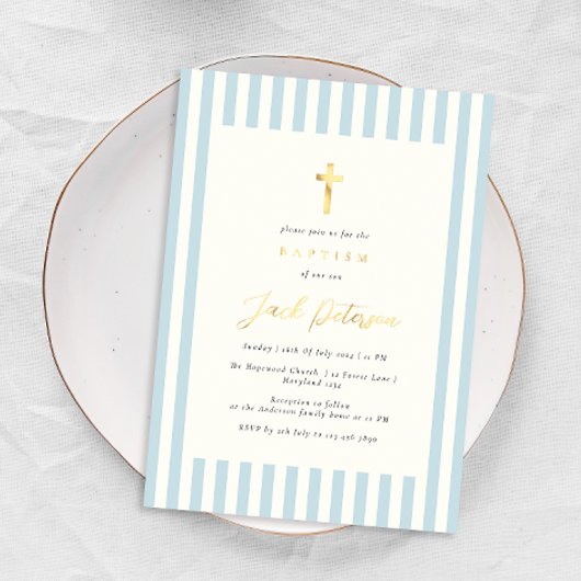 Blauwe Strepen Doop voor Jongen Elegant Folie Uitnodiging