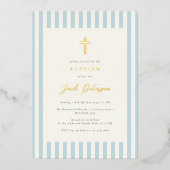 Blauwe Strepen Doop voor Jongen Elegant Folie Uitnodiging (Voorkant)