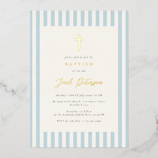 Blauwe Strepen Doop voor Jongen Elegant Folie Uitnodiging (Voorkant)