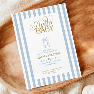 Blauwe Strepen Elegante Vintage Jongen Baby Borrel Kaart
