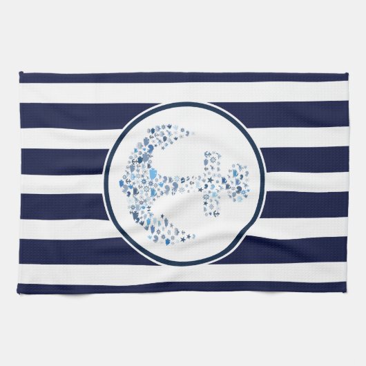 Blauwe strepen en anker theedoek (Horizontaal)