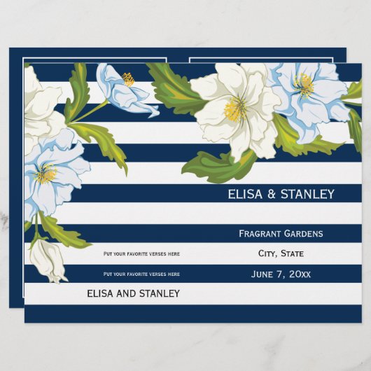 Blauwe strepen en bloemen modern trouwprogramma (Voorkant / Achterkant)