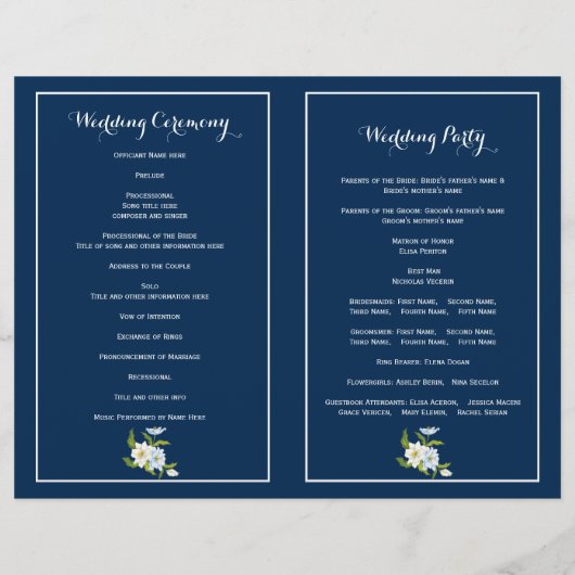 Blauwe strepen en bloemen modern trouwprogramma (Achterkant)