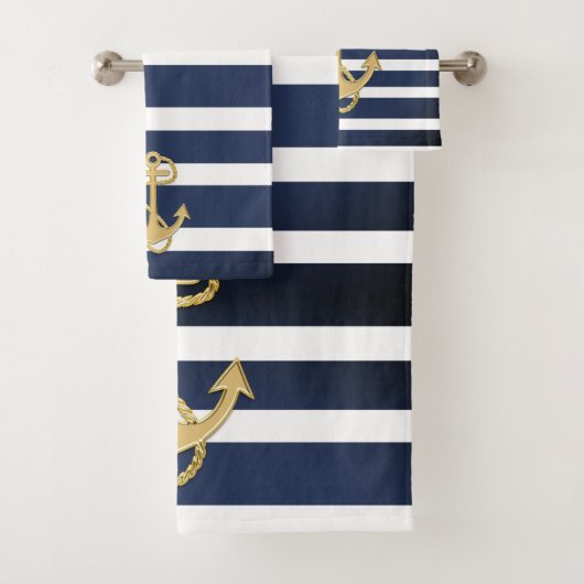 Blauwe strepen en gouden anker bad handdoek (Insitu)