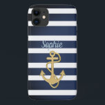 Blauwe strepen en gouden anker Case-Mate iPhone case<br><div class="desc">Blauw Stripes en goudanker nautisch ontwerp. 
Aanpassen aan uw wensen; Het is een sjabloon. :)</div>