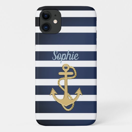Blauwe strepen en gouden anker Case-Mate iPhone case (Achterkant)