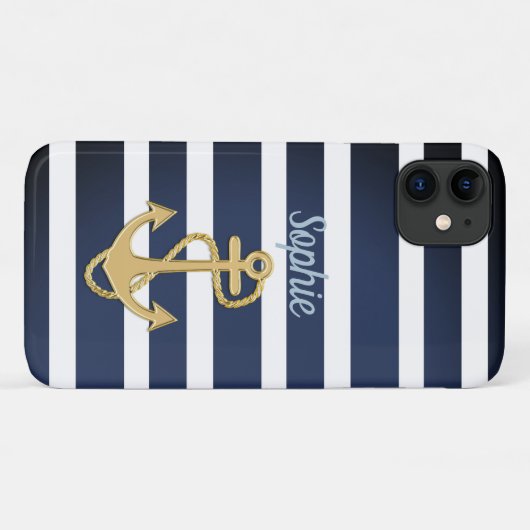 Blauwe strepen en gouden anker Case-Mate iPhone case (Achterkant (horizontaal))