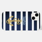 Blauwe strepen en gouden anker Case-Mate iPhone case (Achterkant (horizontaal))