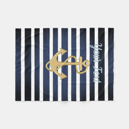 Blauwe strepen en gouden anker fleece deken (Voorkant (Horizontaal))