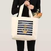Blauwe strepen en gouden anker grote tote bag (Voorkant (product))