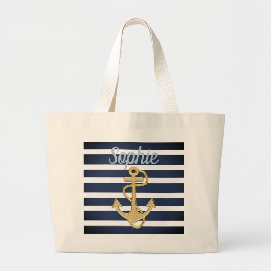 Blauwe strepen en gouden anker grote tote bag (Voorkant)