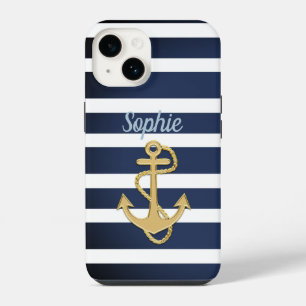 Blauwe strepen en gouden anker iPhone 14 hoesje
