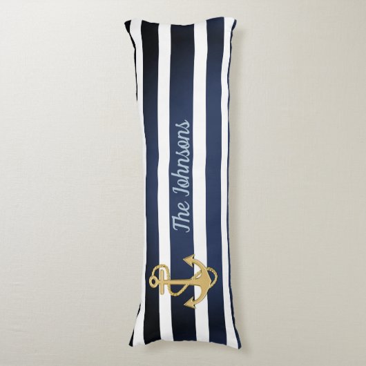 Blauwe strepen en gouden anker lichaamskussen (Voorkant Verticaal)