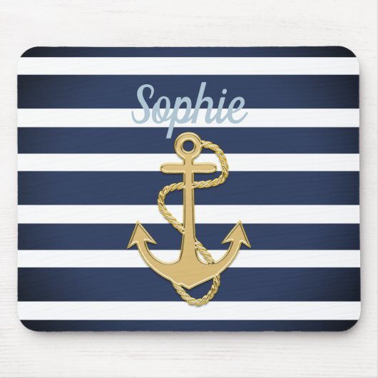 Blauwe strepen en gouden anker muismat (Voorkant)