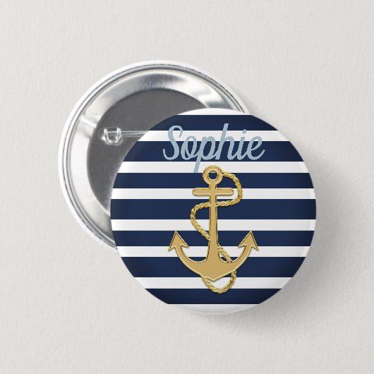 Blauwe strepen en gouden anker ronde button 5,7 cm (Voorkant /achterkant)