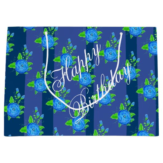 Blauwe strepen en Rozen Large Cadeautasje (Voorkant)