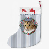 Blauwe Strepen Evergreen Krans Kat Foto Kleine Kerstsok (Achterkant)