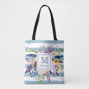 Blauwe strepen, gekleurd monogram Waterverf Tote Bag