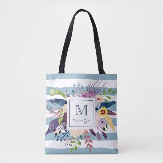 Blauwe strepen, gekleurd monogram Waterverf Tote Bag (Voorkant)