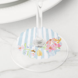 Blauwe strepen grillige waterverf bloem wijnglaslabel