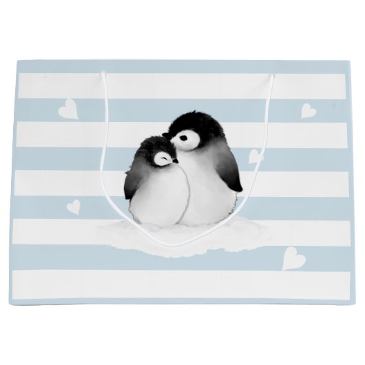 Blauwe Strepen Hart Grijze Pinguïns Gift Bag Groot Cadeauzakje (Voorkant)