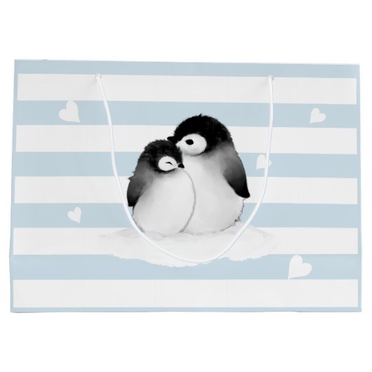 Blauwe Strepen Hart Grijze Pinguïns Gift Bag Groot Cadeauzakje (Achterkant)