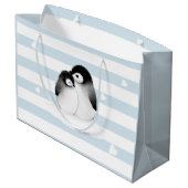 Blauwe Strepen Hart Grijze Pinguïns Gift Bag Groot Cadeauzakje (Achterkant Gekanteld)