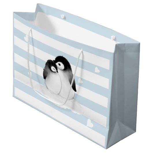 Blauwe Strepen Hart Grijze Pinguïns Gift Bag Groot Cadeauzakje (Voorkant Gekanteld)