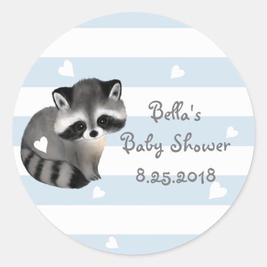 Blauwe Strepen Hart Wasbeer Baby Shower Stickers (Voorkant)