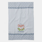 Blauwe strepen Holly Leaves en Berries Kerstmis Theedoek (Verticaal)