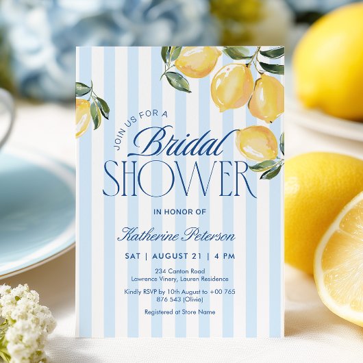 Blauwe Strepen Lemon Bruiloftsuitnodiging Kaart