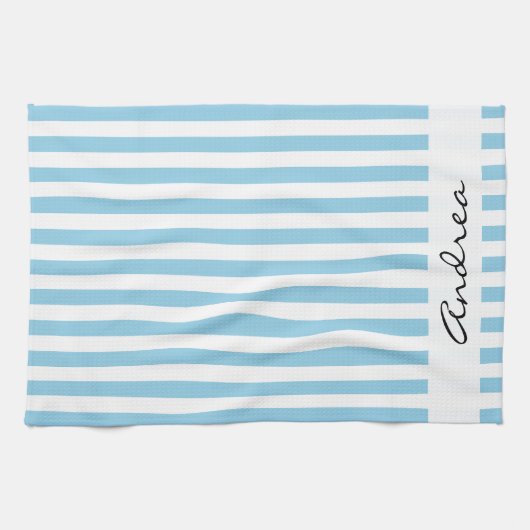 Blauwe strepen, lijnen, streeppatroon, Jouw naam Theedoek (Horizontaal)