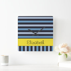 Blauwe strepen, lijnen, streeppatroon, Jouw naam Vierkante Klok