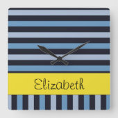 Blauwe strepen, lijnen, streeppatroon, Jouw naam Vierkante Klok (Voorkant)