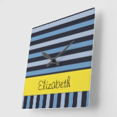 Blauwe strepen, lijnen, streeppatroon, Jouw naam Vierkante Klok (Hoek)