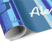 blauwe strepen met aangepaste naam . gepersonalise cadeaupapier (Rol Hoek)