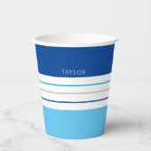 Blauwe strepen met een moderne hemel met naam papieren bekers (Voorkant)
