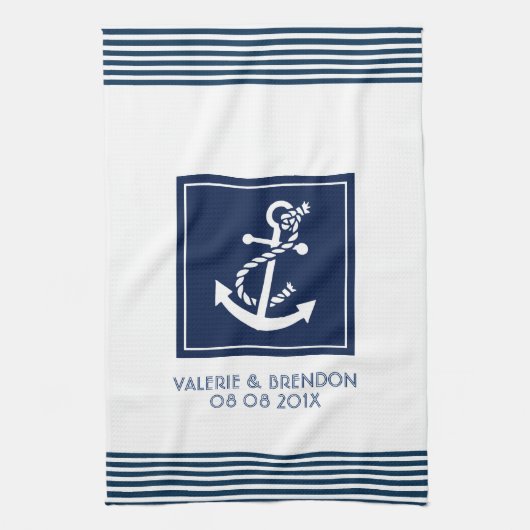 Blauwe strepen met een witte neushoorn theedoek (Verticaal)