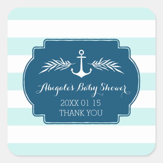 Blauwe Strepen Nautisch Baby shower Favor Sticker (Voorkant)
