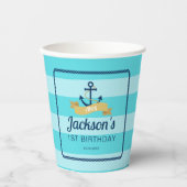 Blauwe strepen nautische verjaardag papieren bekers (Voorkant)