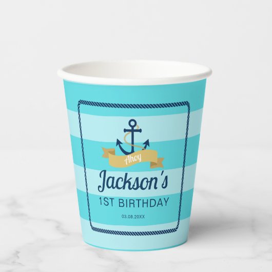 Blauwe strepen nautische verjaardag papieren bekers (Voorkant)