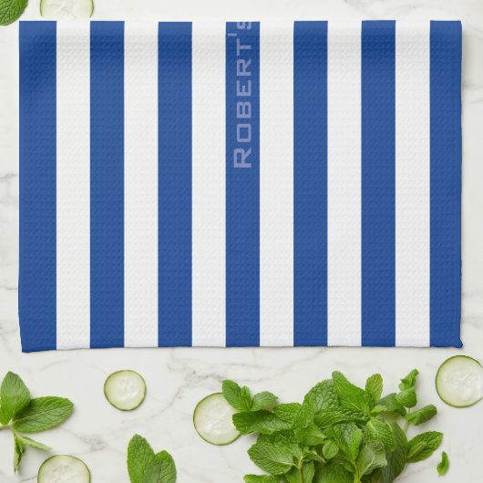 Blauwe strepen op elke kleur met aangepaste tekst theedoek (Gevouwen)