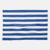 Blauwe strepen op elke kleur met aangepaste tekst theedoek (Horizontaal)