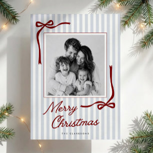 Blauwe Strepen Rode Strikken Familie Foto Kerstkaa Kaart