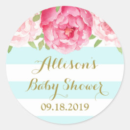 Blauwe strepen roze Baby shower voor tag Ronde Sticker