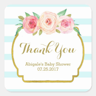 Blauwe Strepen Roze Bloemen Baby shower Favor Tags Vierkante Sticker