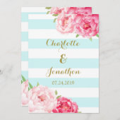 Blauwe Strepen Roze Bloemen Bruiloft Uitnodigingen (Voorkant / Achterkant)