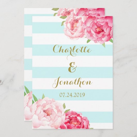 Blauwe Strepen Roze Bloemen Bruiloft Uitnodigingen (Voorkant / Achterkant)