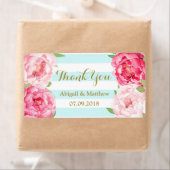 Blauwe Strepen Roze Waterverf Bloemen Bruiloft Lab Etiket (Insitu)