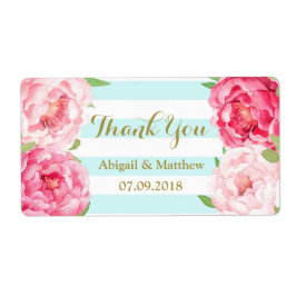 Blauwe Strepen Roze Waterverf Bloemen Bruiloft Lab Etiket